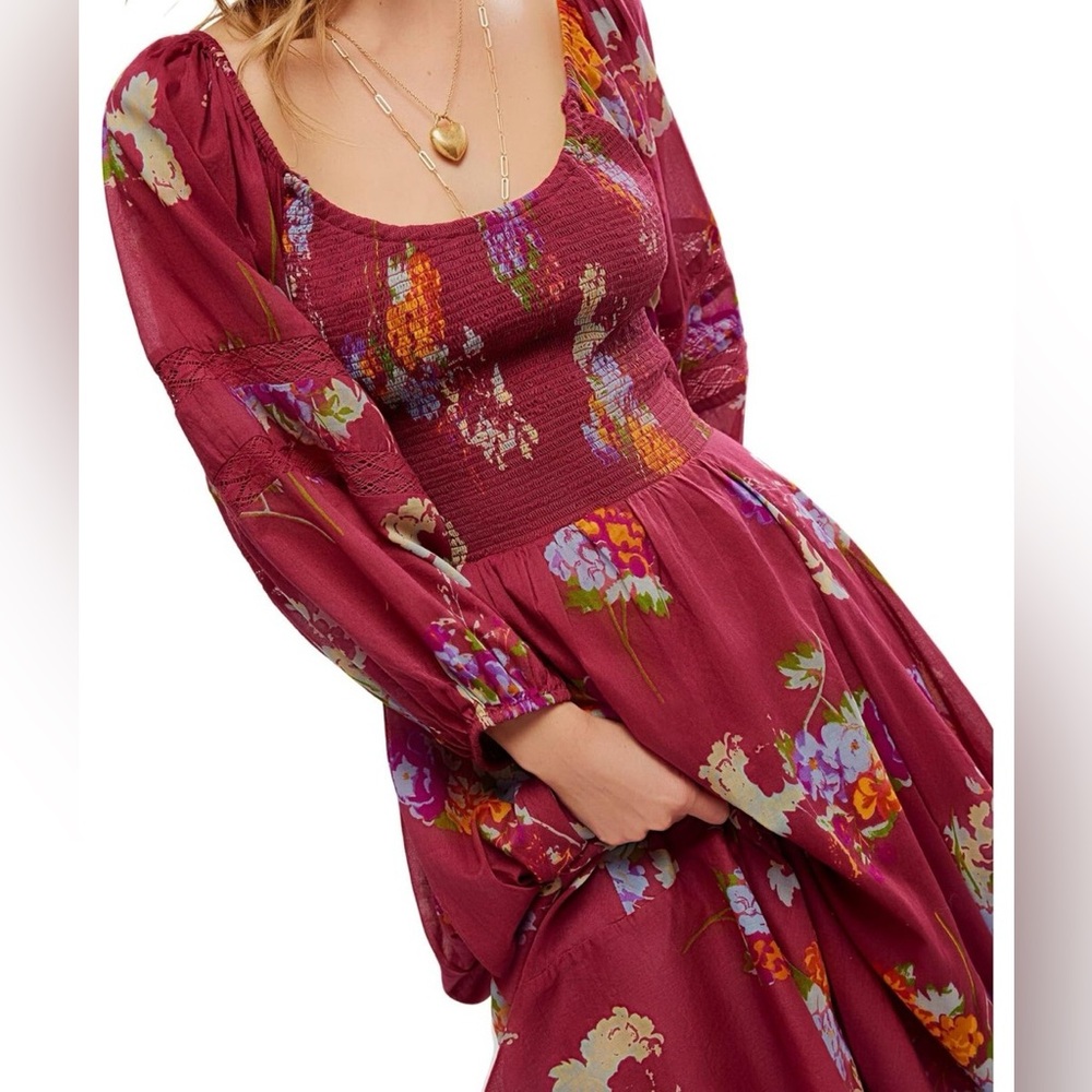 Free People Burgundy Floral Long Sleeve Dress